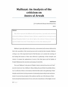 Malfuzat An Analysis of the Criticism on  Anees-ul-Arwah